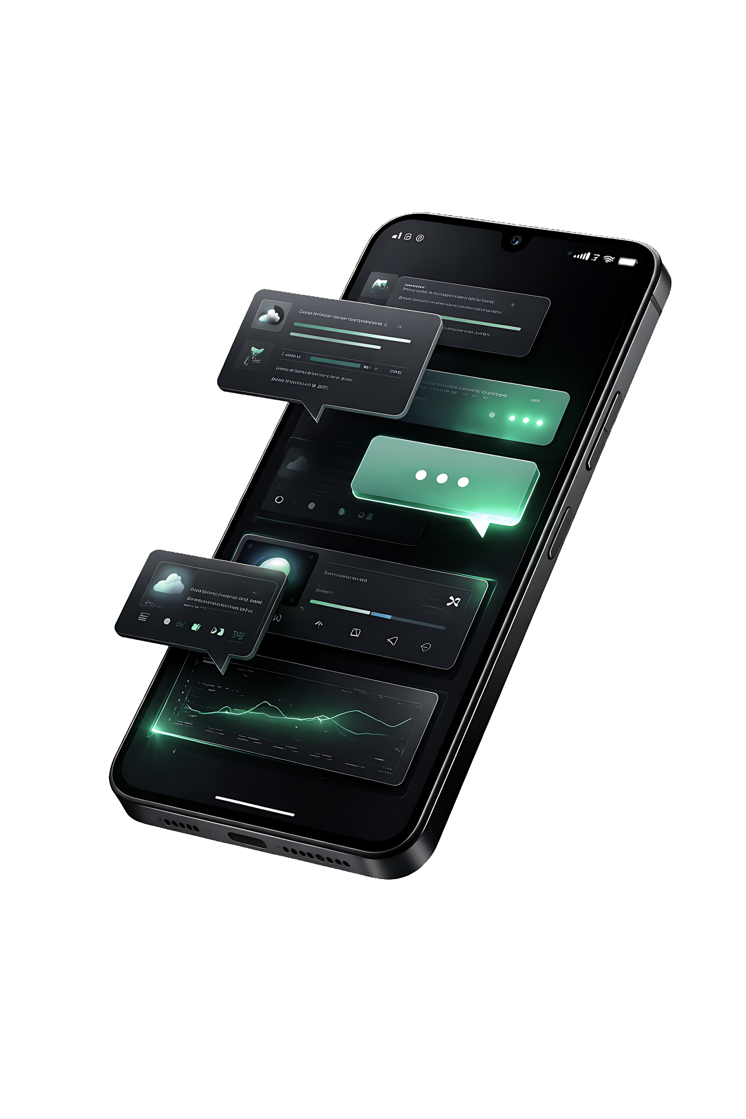 Smartphone com interface em camadas e balões flutuantes, usado como peça central da dobra final